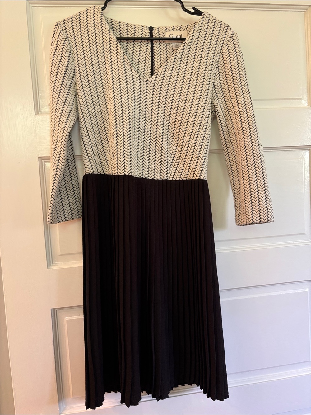 Ganni Black and Cream Long-Sleeve Pleated Dress